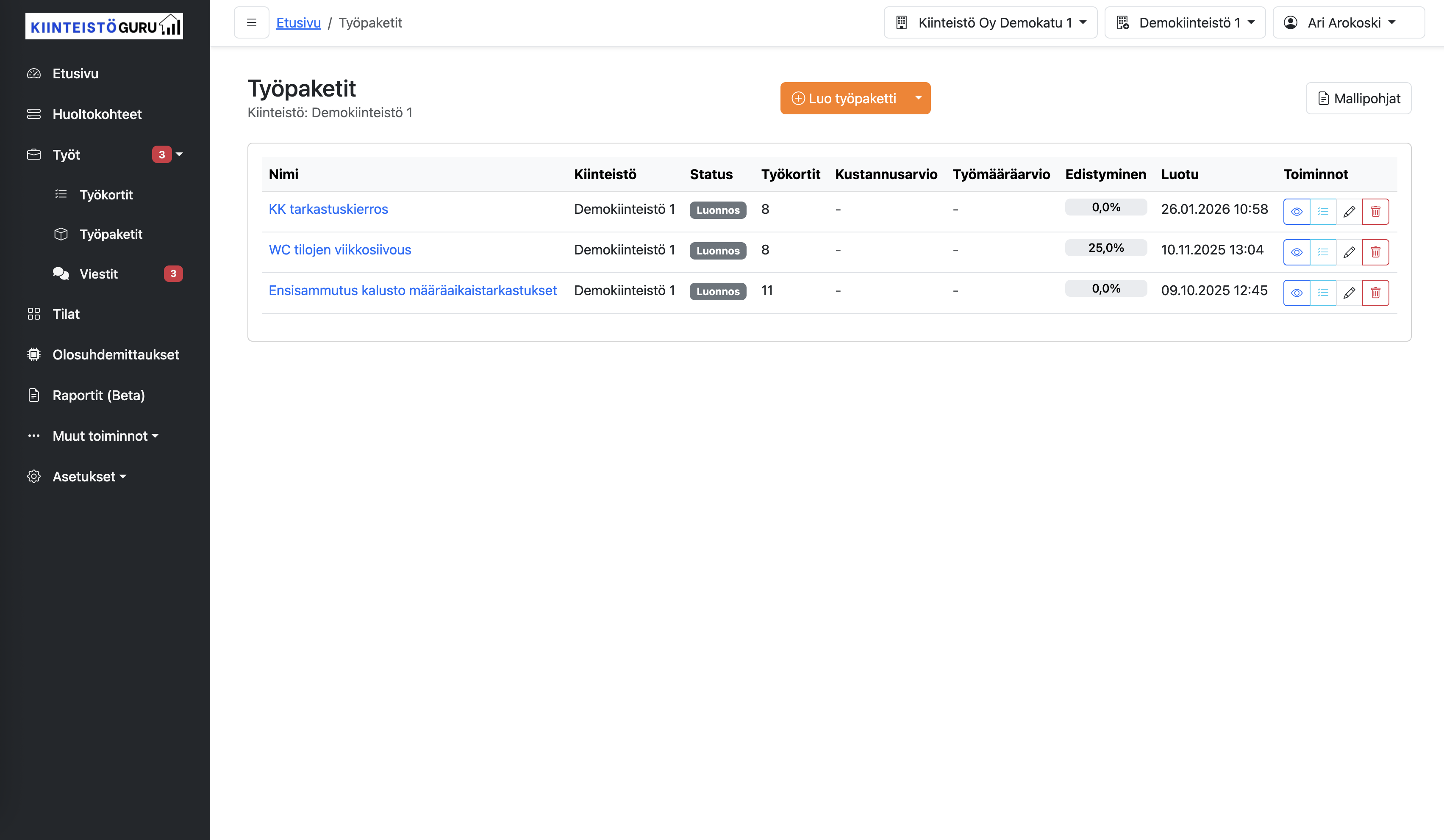 Työpaketit-näkymä Kiinteistögurussa